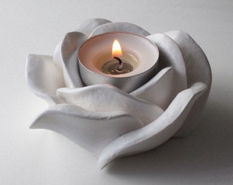 Handmade White Rose Tealight Holder, Rose Candle Holder, Homewarming Gift, Rose Decor, Rose Ornament, White Rose Tealight Holder