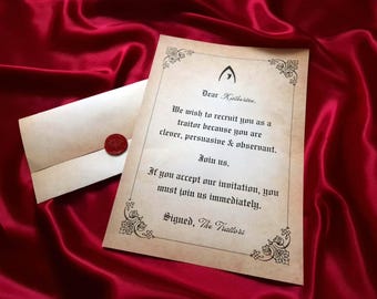 Carta personalizada para traidores, carta de reclutamiento de traidores con nombre personalizado, carta rústica para traidores sellada con cera, accesorio divertido para juegos de fiesta/regalo