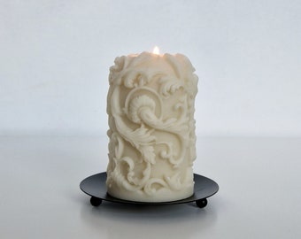 Small Intricate Design Baroque Pillar Candle, Soy & Beeswax