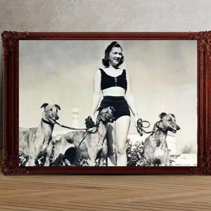 Vintage Greyhound Woman Photo Print - Dog Lovers Gift - Greyhound Wall Art - Whippet Photo Print - Lurcher Art Print - Various Sizes