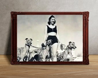 Vintage Greyhound Woman Photo Print - Dog Lovers Gift - Greyhound Wall Art - Whippet Photo Print - Lurcher Art Print - Various Sizes