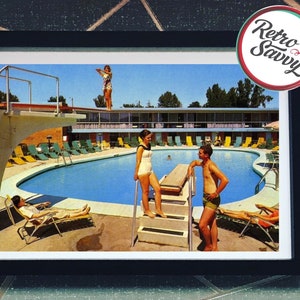 May include: A vintage postcard featuring a swimming pool with people relaxing and swimming. The pool is surrounded by lounge chairs and a motel building. The postcard has a blue sky and green trees in the background.