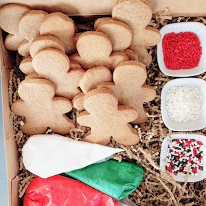 May include: A gingerbread man cookie decorating kit in a cardboard box. The kit includes baked gingerbread men, small white bowls of red sprinkles, white sprinkles, and multi-colored sprinkles, and icing bags.