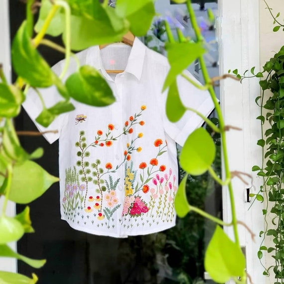 Hand Embroidered Linen White Shirt. Floral Embroidery Blouse. Etsy