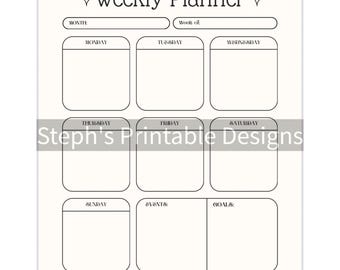 Può includere: Un pianificatore settimanale stampabile con un design minimalista. Il pianificatore include sezioni per ogni giorno della settimana, più spazi per il mese, la settimana, gli eventi e gli obiettivi. Il testo "Weekly Planner" è in alto.