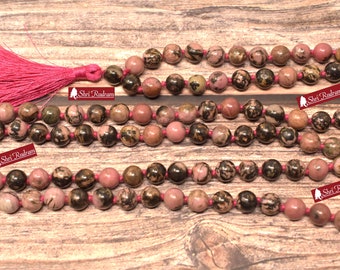 ShriRudram Healing Heart Mala, Rhodonite Mala 8MM, Rhodonite Necklace, , Yoga Gifts for Her, Spiritual Gifts, 108 Bead Mala, Japa Mala