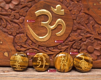 Tiger Eye Stone Set of 4 Pcs with Usui Reiki Symbols , Reiki Disc Set, Engraved Usui Reiki Symbols Disc Set, Healing Crystals, Palm Stone
