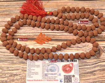 ShriRudram 11 Mukhi Rudraksha Mala / Eleven Face Rudraksh Rosary Java Lab Certified 108+1 Beads 10 MM