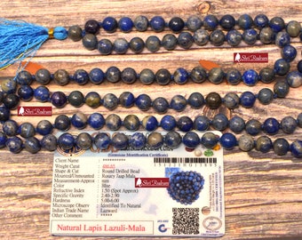 ShriRudram Lapis Lazuli 8mm Mala , 108 Lapis Lazuli Stone Hand Knotted Mala Beads Necklace, Lapis Mala Gemstone Long Necklace 8MM