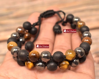 ShriRudram Triple Protection Tiger Eye Bracelet, Hematite Bracelet, Shaligram Bracelet, Mixed Stone Triple protection crystal bracelet