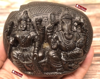 ShriRudram Luxmi Ganesh Murti / Laxmi Ganesha Idol Carved on Sudarshan Shaligram LG385