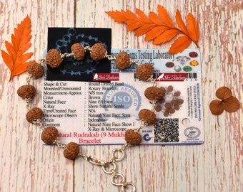 ShriRudram 9 Mukhi Rudraksha Bracelet / Nine Face Rudraksh Silver Wristlet Java Bead Lab Certified