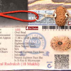 May include: A brown Rudraksha bead with 18 faces, unmounted, with a silver chain and a certificate of authenticity. The certificate states the bead is 1.010 grams, 17.88 x 12.08 x 10.55 mm, and is from Indonesia. The certificate also includes a barcode and a QR code.