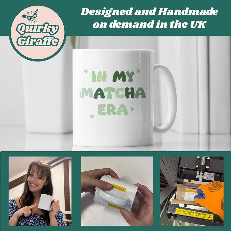 Może przedstawiać: Biały kubek ceramiczny z napisem "IN MY MATCHA ERA" w zielonych literach. Kubek jest w trakcie drukowania za pomocą prasy termicznej.