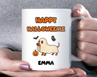 Happy Halloweenie Sausage Dog Mug, Funny Dachshund Halloween Gift, Boo Basket Mug for Dog Mum, Sausage Dog Lover Birthday Gift