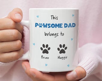 Personalised Pawsome Dad Mug, This Dog Dad Belongs To Custom Mug, Father’s Day Dog Dad Gift, Cute Gift from Dogs with Personalised Names