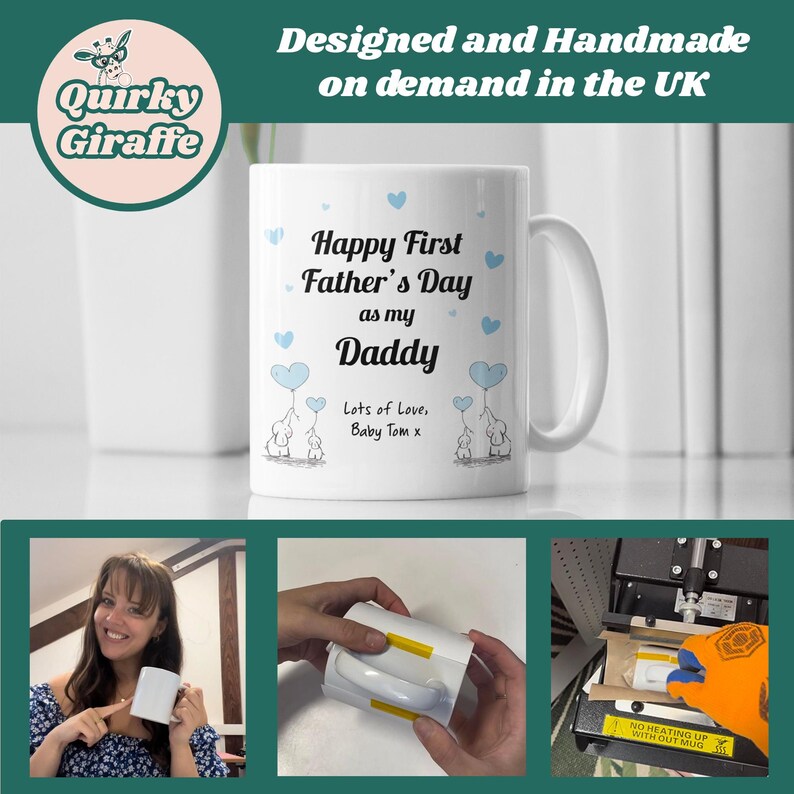 Puede incluir: Taza de cer&aacute;mica blanca con un dise&ntilde;o azul y blanco. La taza dice "Happy First Father's Day as my Daddy" con un coraz&oacute;n azul y dos elefantes sosteniendo globos. El texto "Lots of Love, Baby Tom x" est&aacute; debajo de los elefantes.