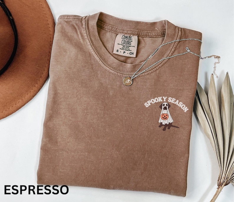 Może przedstawiać: Koszulka z kr&oacute;tkim rękawem w kolorze espresso z okrągłym dekoltem. Na piersi znajduje się grafika przedstawiająca psa w białym prześcieradle ducha, trzymającego pomarańczową dynię, z białym napisem SPOOKY SEASON wygiętym w łuk powyżej.