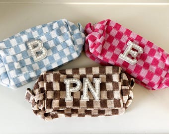 Personalized Checkered Makeup Bag Bachelorette Makeup Bag Travel Tolietry Bag Party Favor Preppy Bachelorette Party