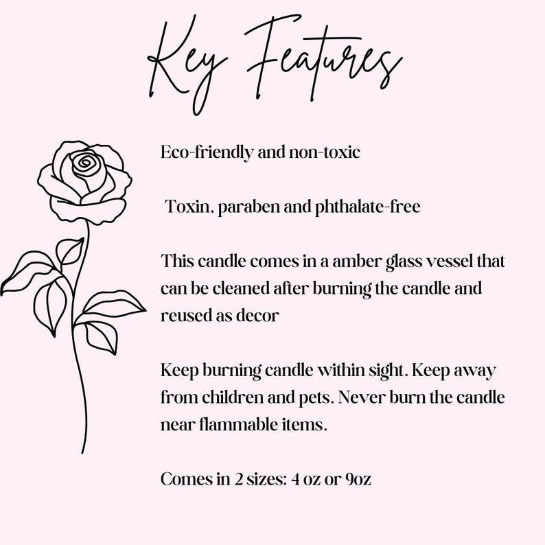 K&ouml;nnte beinhalten: Ein rosa Hintergrund mit den Worten &bdquo;Key Features&ldquo; in Schreibschrift. Auf der linken Seite befindet sich eine Strichzeichnung einer Rose und eines Stiels. Der Text hebt das umweltfreundliche, ungiftige und wiederverwendbare Amberglasgef&auml;&szlig; der Kerze hervor.