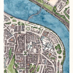 Impresión del mapa aéreo ilustrado de la ciudad de Derry