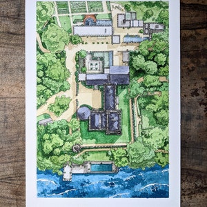 May include: A watercolour painting depicting an aerial view of a house and its surrounding gardens. The house is a large, multi-storey structure with a dark grey roof and white trim. The gardens are lush and green, featuring a variety of trees and shrubs. There is a swimming pool in the back garden, and a small jetty on the water's edge.