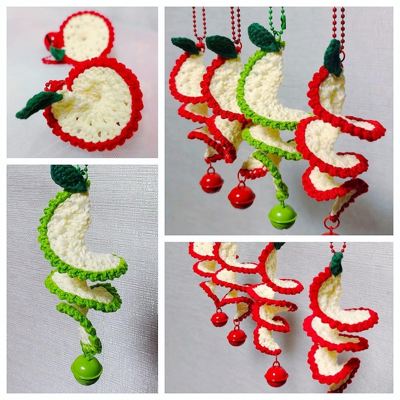 May include: Crocheted apple ornaments with red, white, and green details. The ornaments feature a spiral design with a red border, green leaves, and a small red or green bell. These handmade ornaments are perfect for adding a touch of whimsy to any space.