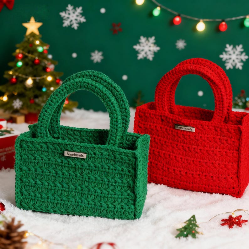 May include: Two handmade crochet tote bags, one green and one red, sit on a snowy surface. Each bag has a rectangular shape with a handle and a small tag that reads "handmade". The background features a Christmas tree and festive decorations.