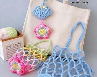 2in1 Foldable Mesh Storage Bag Pendant Crochet Pattern, Flower Shell Market Bag gift for Mom