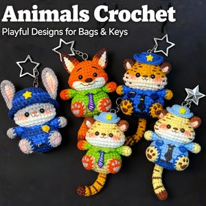 May include: Crocheted animal keychains in the shape of a bunny, fox, and tigers, all wearing police uniforms. The keychains are in various colors, including blue, orange, green, and yellow. The text "Animals Crochet" and "Playful Designs for Bags & Keys" is at the top.