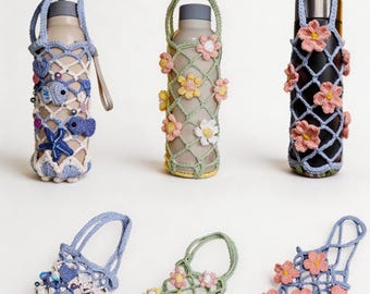 3in1 Mesh Hollow Cup Cozy Crochet Macaron Flower Cup Sleeve Pattern Water Bottle Holder PDF