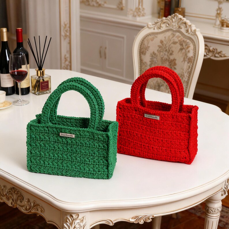 May include: Two handmade crochet tote bags, one emerald green and one bright red, sit side-by-side on a white table. Each bag has a rectangular shape with a matching handle and a small metal tag. The bags are a stylish accessory.