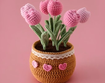 チューリップの植木鉢のかぎ針編みパターン：ホームデコレーションPDF