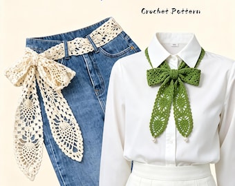 Crochet Lace Bow Tie Pattern PDF, Lace Belt & Headband Crochet Pattern, Ribbon Accessory Belt for Jeans