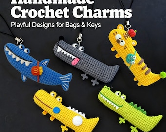 5-in-1 Ugly-Cute Mini Animal Charms Crochet Pattern, Funny Dragon Crocodile Wolf Shark Tiger Bag Charm Keychain Decor Gift