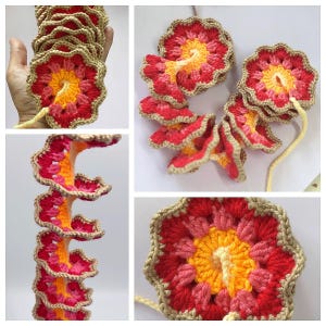 May include: A collection of handmade crochet flowers in shades of red, pink, and yellow. The flowers have a scalloped edge and are arranged in various configurations, including a spiral and a chain. The yarn is a soft, textured material.