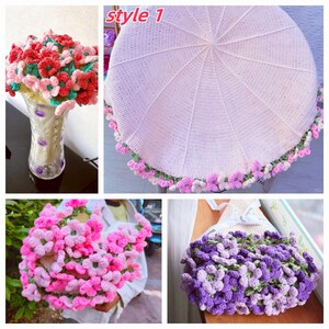 May include: A collage of handmade crochet items. Includes a vase of red and pink crochet flowers, a light pink crochet stool cover with flower trim, a pink crochet flower bouquet, and a purple crochet bag.