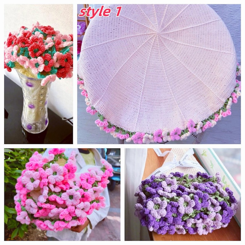 May include: A collage of handmade crochet items. Includes a vase of red and pink crochet flowers, a light pink crochet stool cover with flower trim, a pink crochet flower bouquet, and a purple crochet bag.