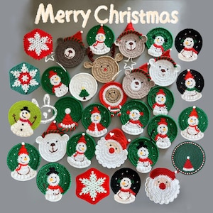 12-in-1 Christmas Coasters Crochet Pattern - Snowman, Santa, Deer, Bear, Xmas Tree, Gingerbread Man