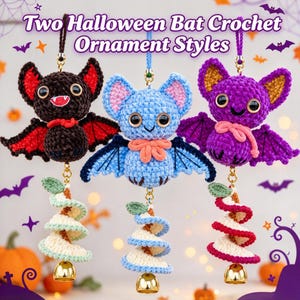 May include: Three crochet bat ornaments with large eyes and hanging spiral tails. The left bat is black with red wings, the center is light blue, and the right is purple. Each features a gold bell at the bottom and text reading Two Halloween Bat Crochet Ornament Styles.