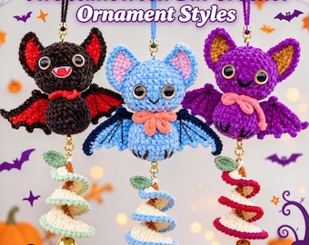 3‑in‑1 Bat Wind Chime Crochet Pattern PDF Amigurumi Bat car Hanging Ornament, Spiral Tree Pendant, Halloween Fall Christmas Home Decor