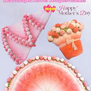 Schema per coperta all'uncinetto con bouquet di cuori traforati — Coperta per la festa della mamma / Un regalo romantico per lei Design fai da te con motivo in pizzo