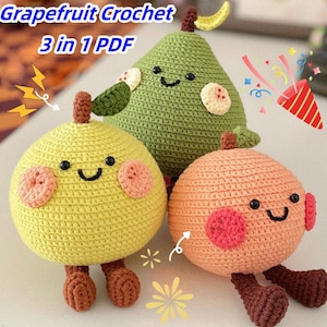 Può includere: Tre giocattoli di peluche all'uncinetto a forma di pera, pompelmo e pesca. Ogni giocattolo ha un viso sorridente e piccole gambe. I giocattoli sono realizzati in tonalità di verde, giallo, arancione e rosa.