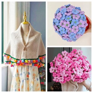 May include: A beige crochet shawl with a colorful floral trim is displayed on a mannequin. Two crochet flower bouquets, one in shades of pink and the other in blue and purple, are also shown. The items are handmade and suitable for gifts or home decor.