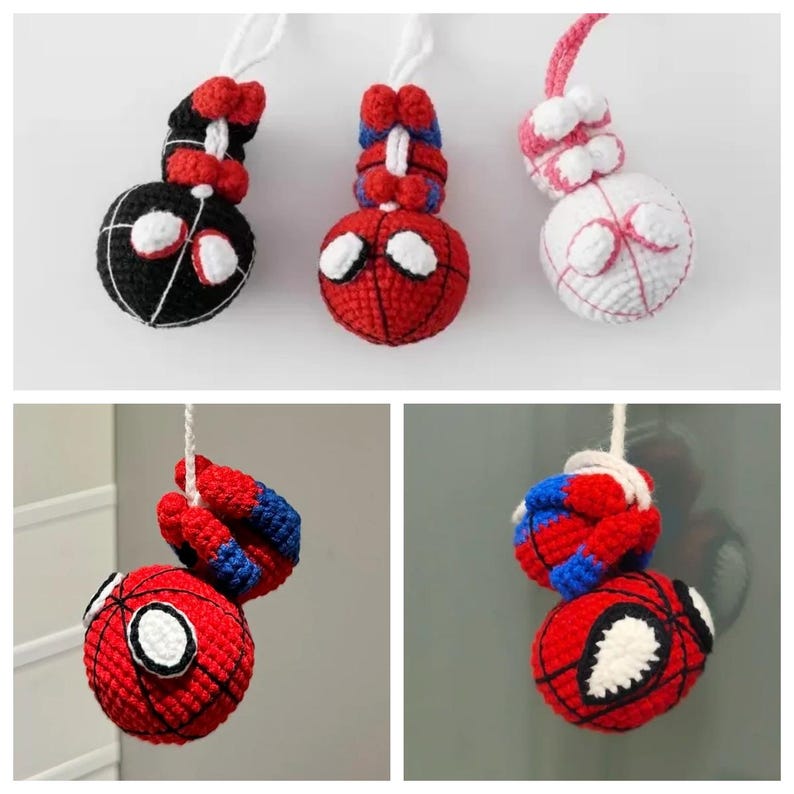 May include: Three crocheted hanging ornaments shaped like round characters with large white eyes. One is black with white details, one is red with blue and black accents, and one is white with pink accents. Each has a white string loop for hanging.