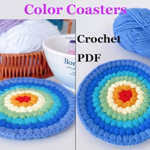 May include: A crochet pattern for colorful coasters. The pattern includes instructions for crocheting a rainbow-colored coaster with a blue border. The pattern is available as a PDF download.