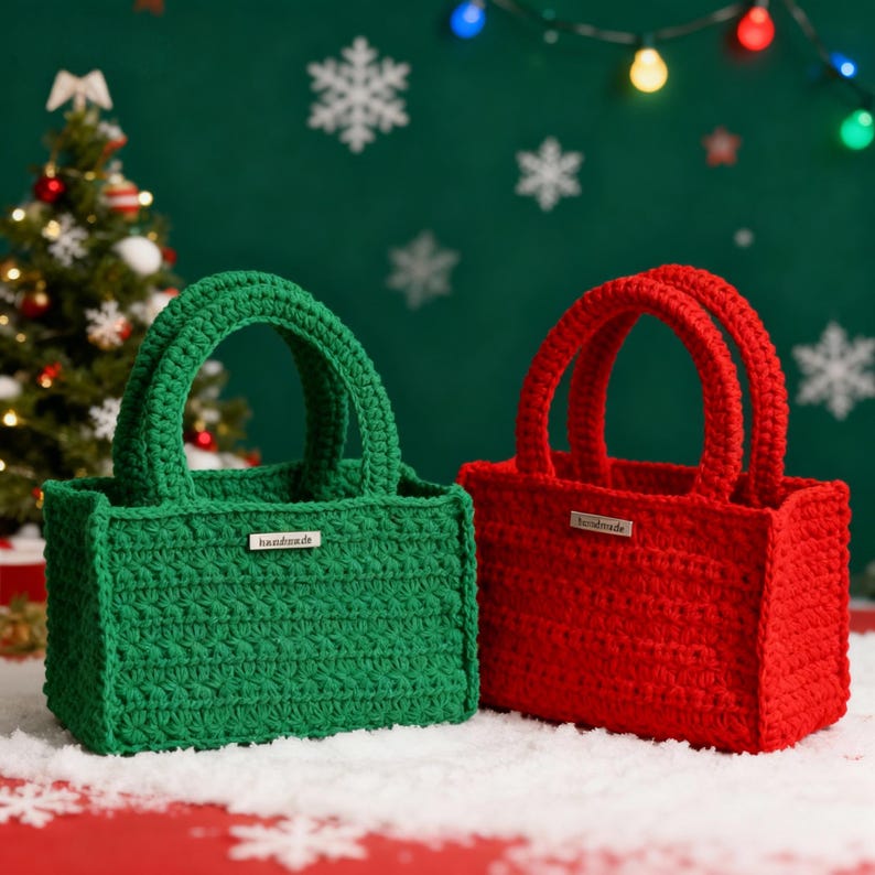 May include: Two handmade crochet tote bags. One is a vibrant green, the other is a festive red. Both have double handles and a small "handmade" tag. The bags are set against a holiday backdrop with a Christmas tree and snowflakes.