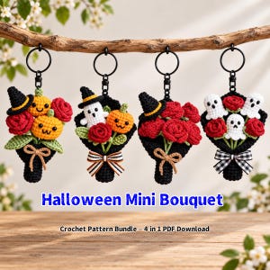May include: Four crochet keychains shaped like mini bouquets featuring pumpkins, ghosts, red roses, and black witch hats. Each bouquet is wrapped in black yarn with a small bow. The text reads Halloween Mini Bouquet Crochet Pattern Bundle – 4 in 1 PDF Download.