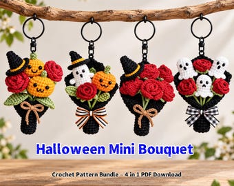 Halloween Crochet Mini Bouquet Pattern Bundle, 4 in 1 Ghost Pumpkin Rose Keychain PDF, Christmas Gift Idea Crochet Decor
