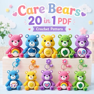 Puede incluir: Una colección de osos Care Bears de ganchillo coloridos, cada uno con diseños y expresiones únicos. Los osos son de varios colores, incluyendo rosa, azul, amarillo, verde y morado. Algunos osos tienen llaveros adjuntos. La imagen incluye el texto "Care Bears 20 in 1 PDF Crochet Pattern."